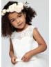 Ivory Lace Tulle Pearl Buttons Back Tea Length Flower Girl Dress